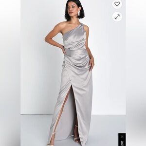 Lulus Signature Elegance Slate Blue Satin One-Shoulder Maxi Dress Party NWT